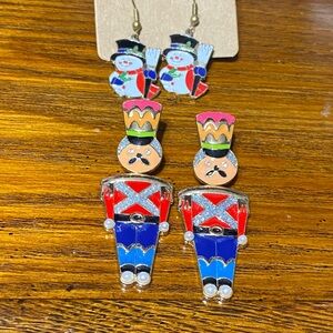 Enamel & Goldtone post pierced Nutcracker & dangle snowman earrings jewelry